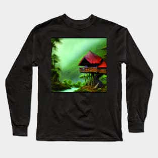 Digital Painting of a Beautiful Red cottage Tree House Near River Long Sleeve T-Shirt